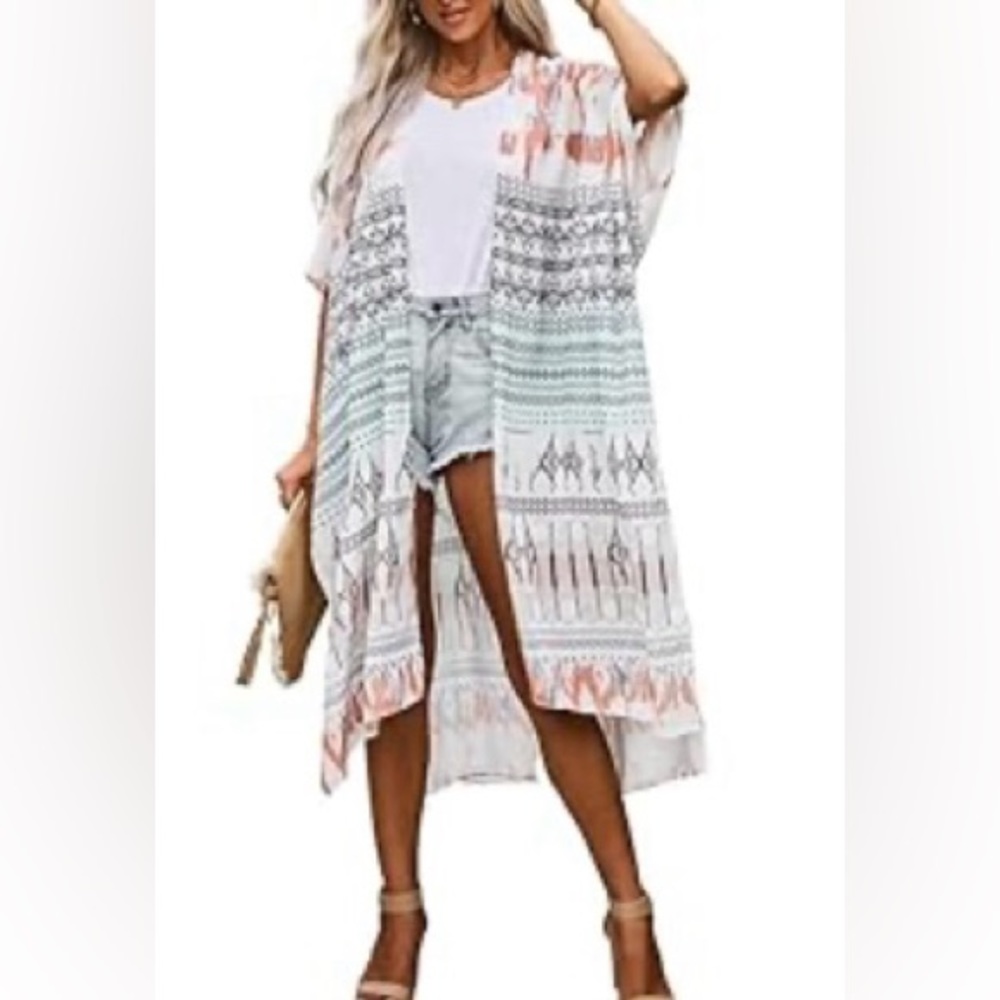 Summer / Swim Cover up Long Sheer White Apricot